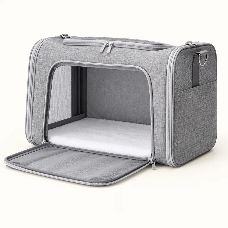 Recreación del transportín blando gris y vacío de la ficha Amazon Basics