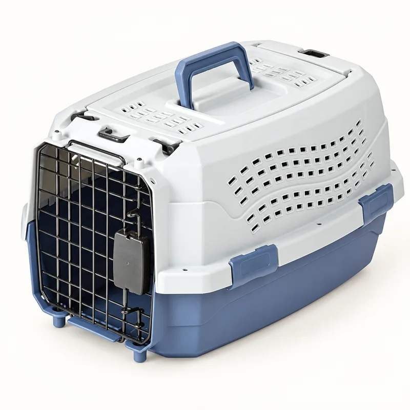 Recreación del transportín rígido blanco y azul de la ficha Amazon Basics