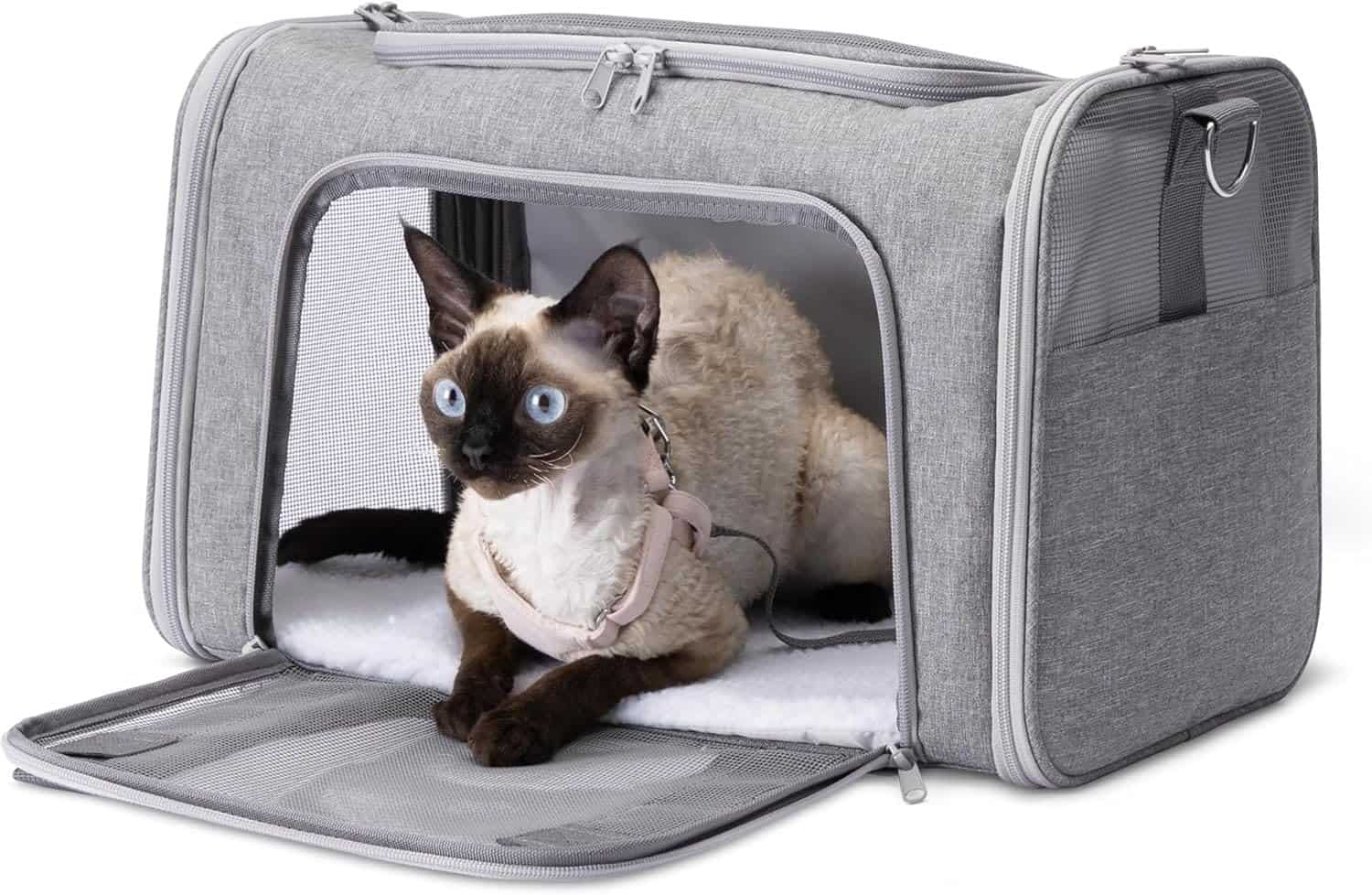 Bolsa transportín blanda gris para gatos con gato siamés, ideal para cabina