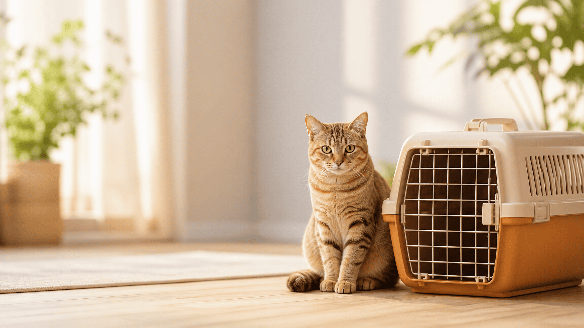 Gato junto a un transportín para gatos