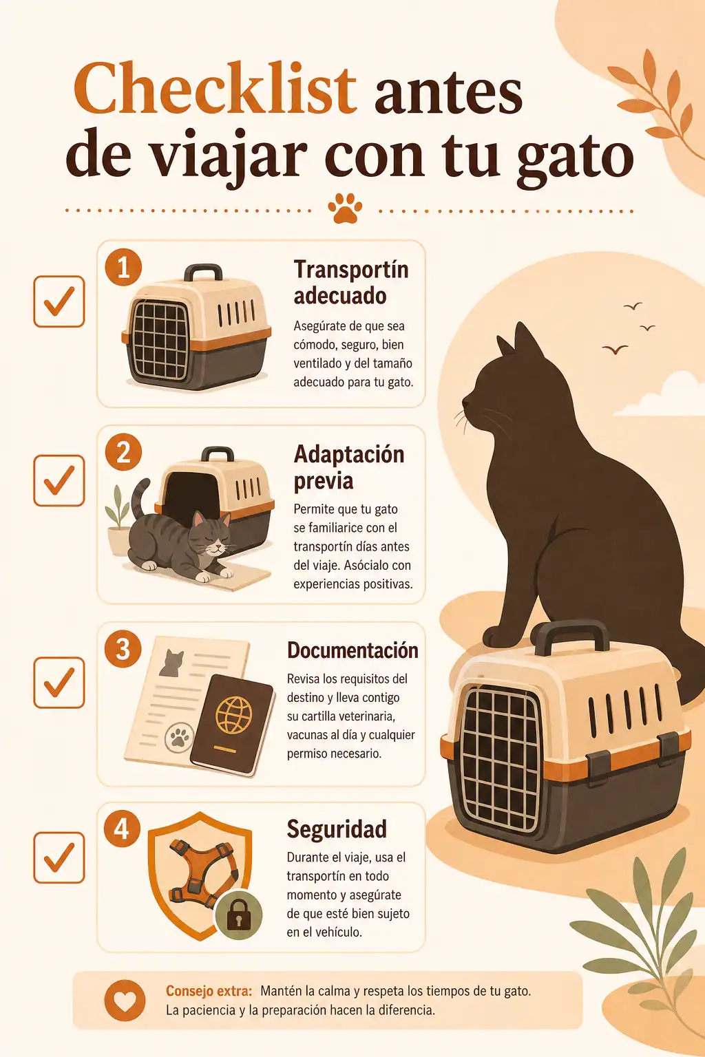 Infografía checklist antes de viajar con tu gato: transportín, adaptación, documentación y seguridad