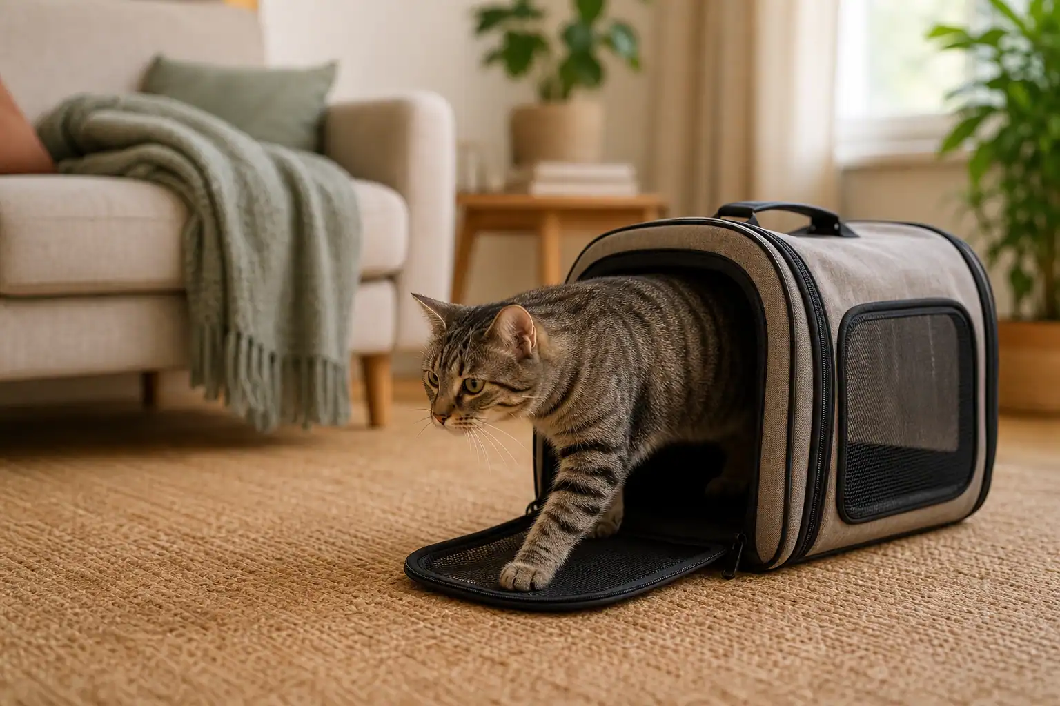 Gato entrando tranquilo en un transportín en casa antes del viaje