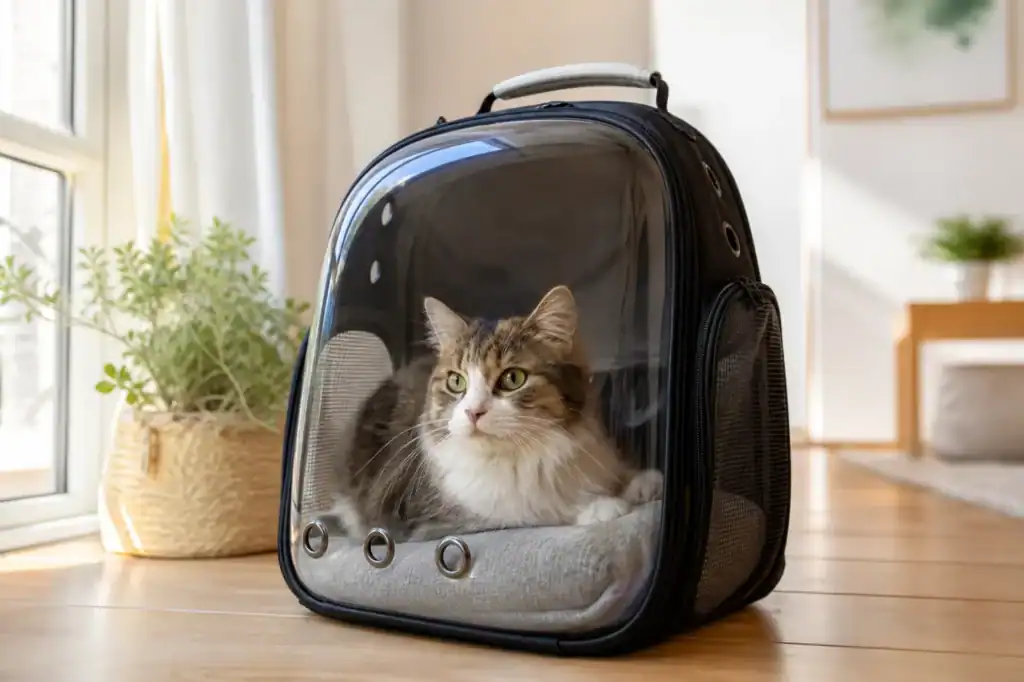 gato dentro de mochila con espacio adecuado