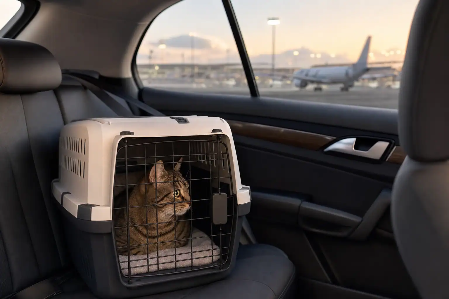 Gato viajando de forma segura con referencias a coche y avión